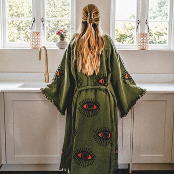 Long Organic Cotton Robe: Khaki Green Eye, 2 of 6