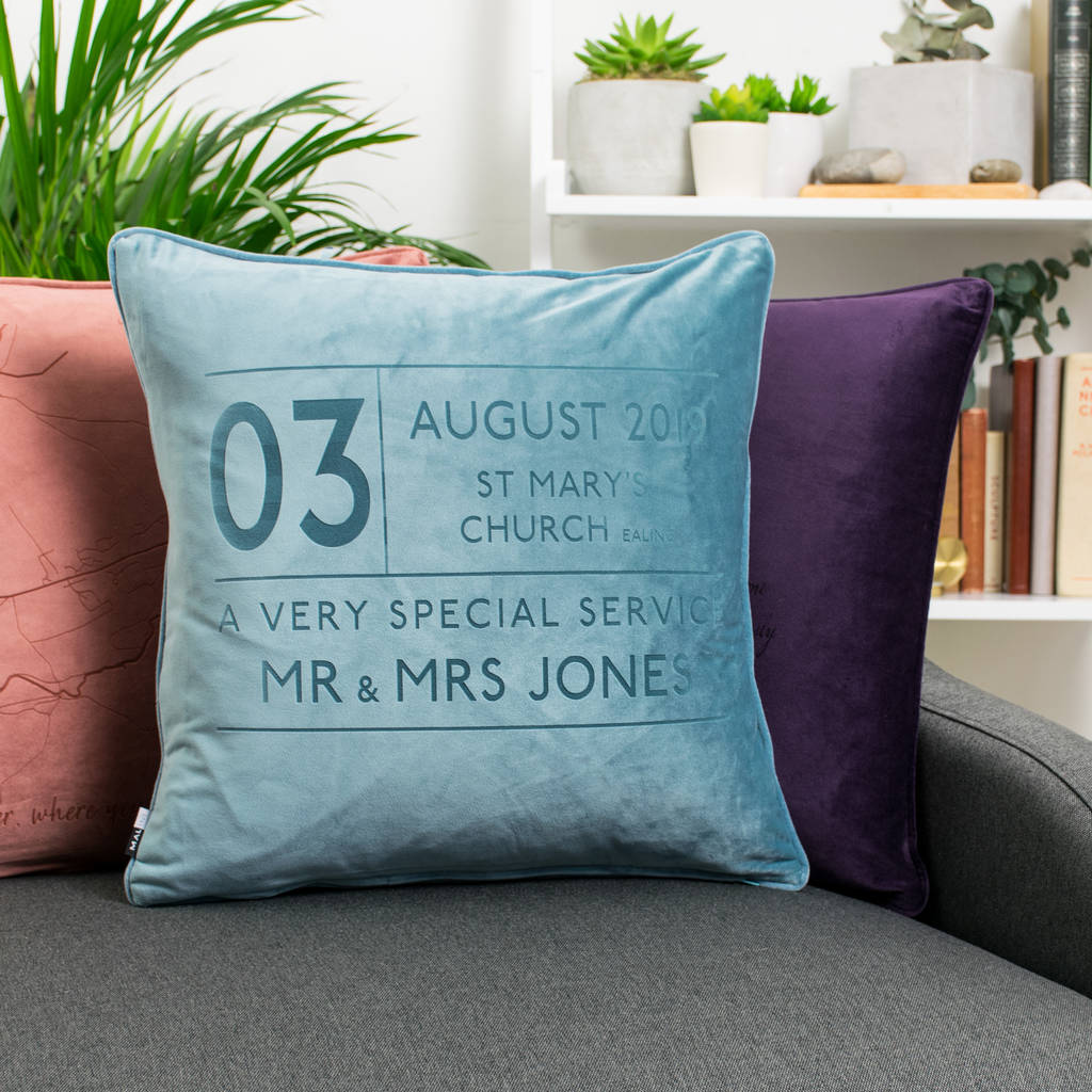 Wedding Date Anniversary Personalised Velvet Cushion By Betsy Benn