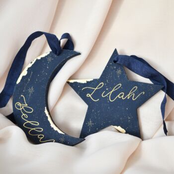 Personalised Star Or Moon Christmas Name Ornament, 2 of 7