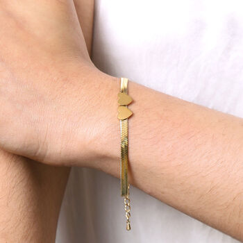 Gold Stainless Steel Heart Charm Herringbone Bracelet, 2 of 12