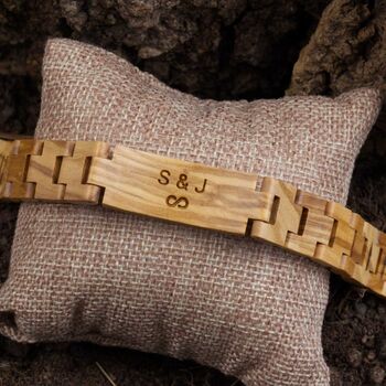 Personalised Engraved Olive Wood Bracelet – Custom Wooden Cuff Gift For Men And Women, 2 of 6