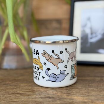 Cat Lover Enamel Mug With Illustrations Of Cats, 2 of 4