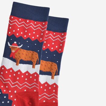 Men's Bamboo Socks Winter Christmas Highland Cow Red, 3 of 5