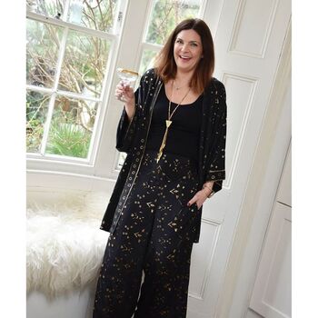 'Ziggy' Black And Gold Small Geo Print Viscose Palazzo Trousers, 2 of 5