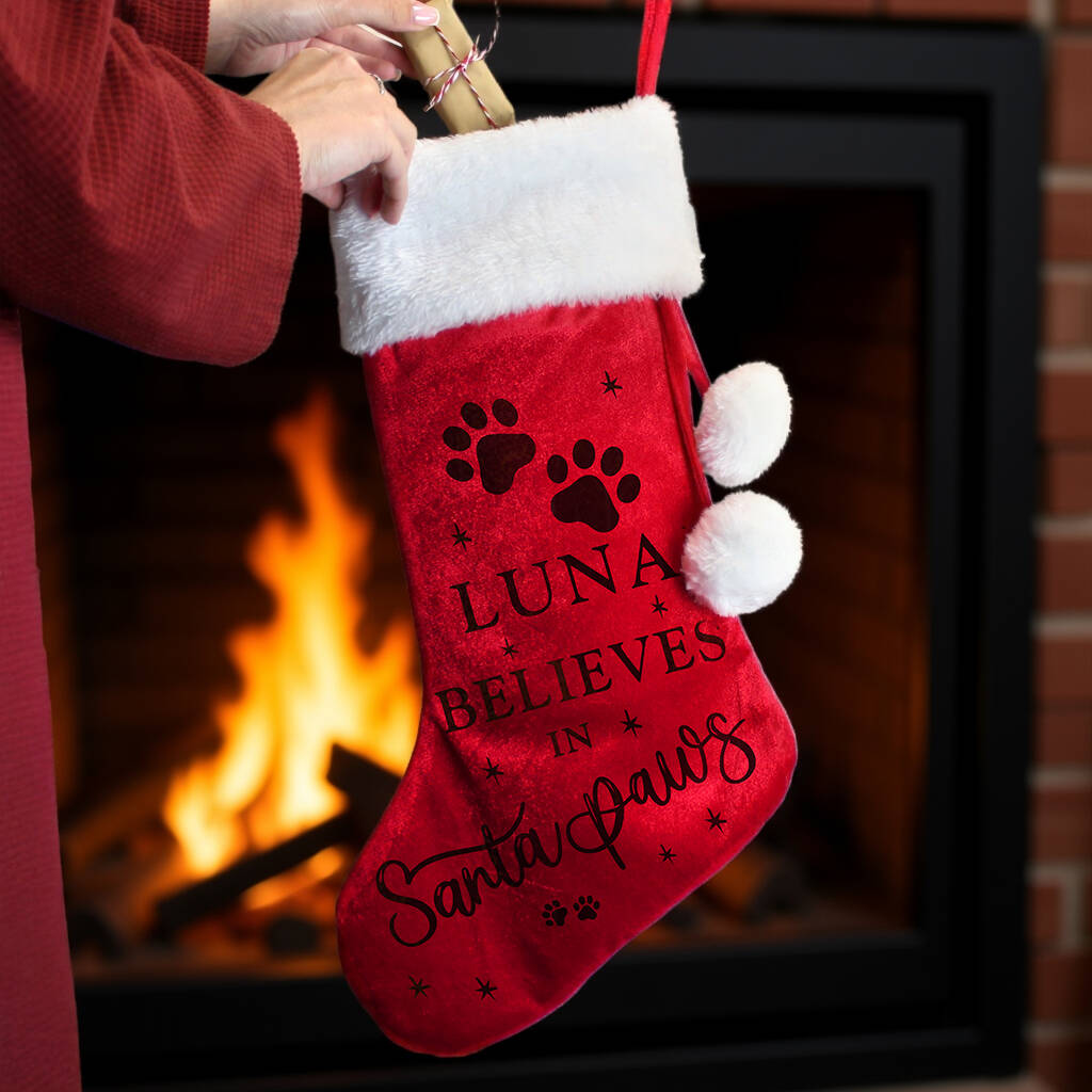 Personalised Santa Paws Christmas Red Stocking, 1 of 4