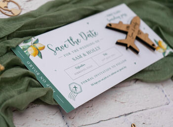 Lemon Theme Wedding Boarding Pass Save The Date With Wooden Magnetic Plane, 3 of 6