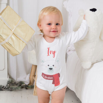 Personalised Polar Bear Baby First Christmas Babygrow, 2 of 12