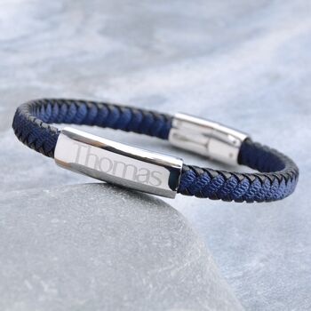 Personalised Men's Leather And Cotton Sliding Bar Bracelet, 9 of 9