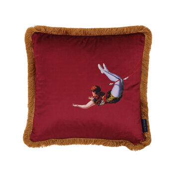 Trapeze Girl Double Sided Velvet Cushion Deep Berry Red And Stripes, 3 of 6
