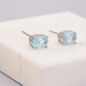 Natural Blue Topaz Stone Oval Stud Earrings, 4 of 9