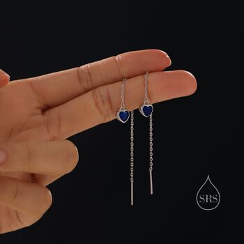 Tiny Sapphire Blue Cz Heart Threader Earrings, 5 of 11