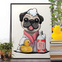 Pug Dog In Bath Towel, Funny Dog Bathroom Art, thumbnail 1 of 7