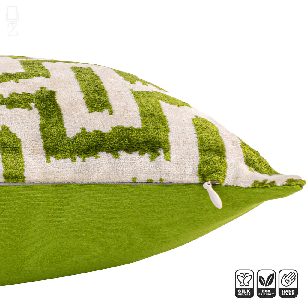 Green Silk Velvet Cushion Covers 2024 with Geometric Ikat Pattern | Front side is 100% Silk Velvet, Back side is Soft Green Fabric, OEKO-TEX®