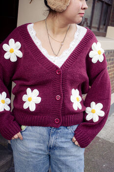 Burgundy Crochet Bobble Applique Relaxed Daisy Cardigan, 6 of 6