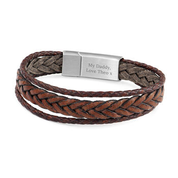 Personalised Men's Woven Layered Brown Leather Bracelet, 6 of 7