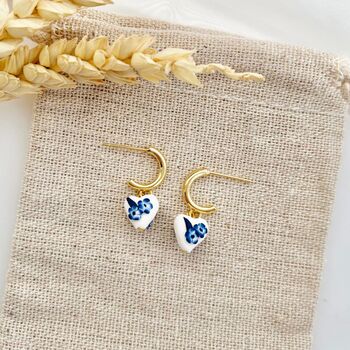 Blue Floral Heart Clay Handmade Earrings, 2 of 4