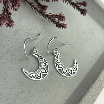 Sterling Silver Mandala Moon Earrings, 4 of 7