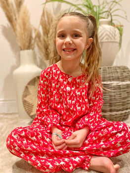 Children's Cotton Pyjama Set In Ruby Reindeer, 2 of 7