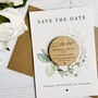 Modern Laurel Wreath Round Save The Date With Card, thumbnail 3 of 4