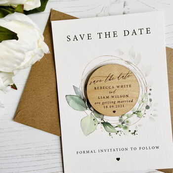 Modern Laurel Wreath Round Save The Date With Card, 3 of 4