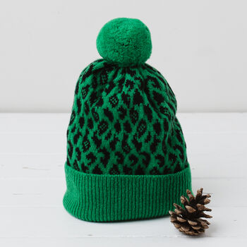 Lambswool Knitted Leopard Pom Pom Hat, 2 of 12