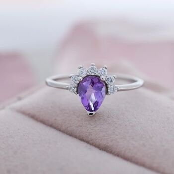 Genuine Pear Cut Amethyst Purple Crown Ring, 2 of 11