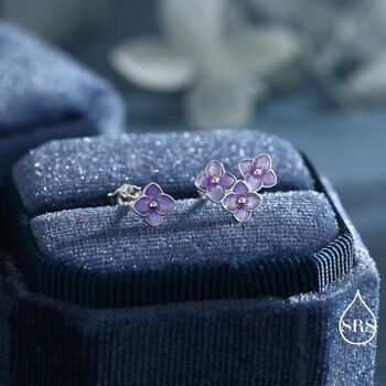 Asymmetric Hand Painted Enamel Hydrangea Flower Bouquet Stud Earrings In Sterling Silver, 2 of 12