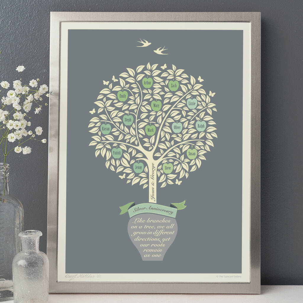 Silver Anniversary Gift Personalised Family Tree Print, 1 of 12
