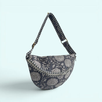 Cross Body Sling Bag | Grey And White Block Print Floral Cotton, 3 of 4
