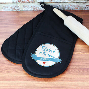 Personalised Baked With Love Black Oven Gloves, 3 of 4