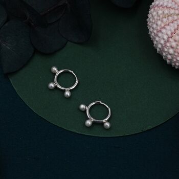 Three Pearl Huggie Hoop Earrings In Sterling Silver, 2 of 12