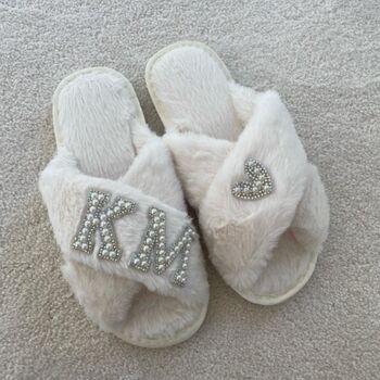 Personalised Fluffy Slippers With Pearl And Diamante Initials, 2 of 2