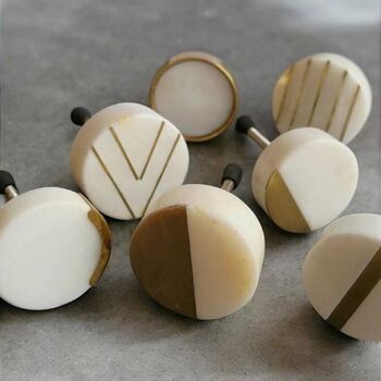 White Marbled Stone Brass Lines Cabinet Knob, 4 of 4