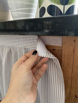 Hook And Loop Sink Skirt, Putty And Beige Bespoke Stripy Cabinet Curtain, 2 of 6