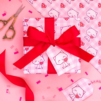 Valentine's Cat Love Heart Wrapping Paper With Tags, 2 of 7