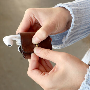 Personalised Earphones Holder In Vintage Leather Christmas Gift For Her, 2 of 9