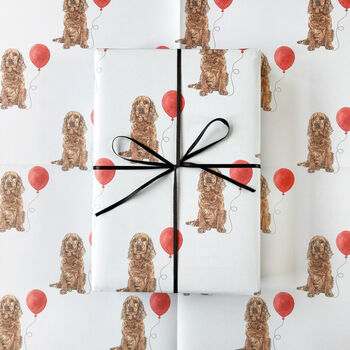Golden Cocker Spaniel Dog And Balloon Wrapping Paper, 3 of 4
