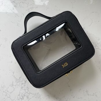 Personalised Embossed Black Saffiano Leather Clear Makeup Case, 3 of 7