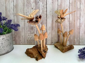 Dragonfly And Toadstool Mushroom Driftwood Statue Ornament Woodland Gift, 7 of 8