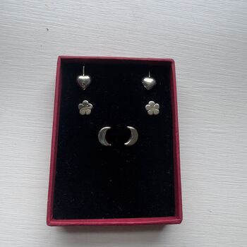 Heart Flower And Moon Three Pairs Of Sterling Silver Earrings, 3 of 3