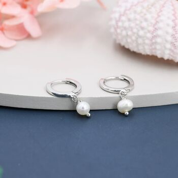 Dangle Pearl Huggie Hoops Earrings In Sterling Silver, 3 of 11