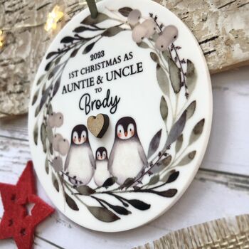 First Christmas As Auntie And Uncle Or Any Relation Penguin Decoration, 2 of 3