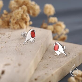 Sterling Silver Dainty Enamel Robin Bird Stud Earrings, 3 of 11