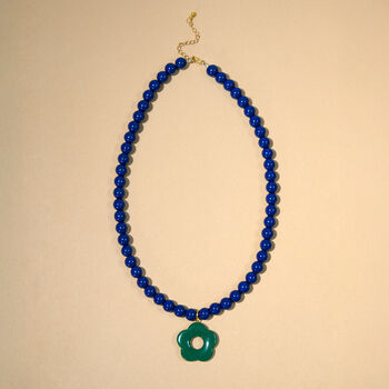 Navy Bead And Forest Green Flower Toggle Necklace, 3 of 5