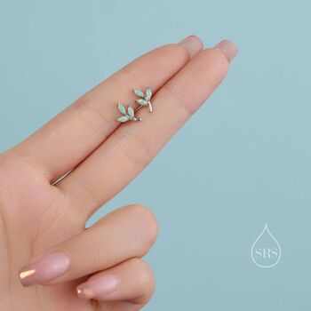 Tiny Opal Leaf Stud Earrings Sterling Silver, 6 of 11