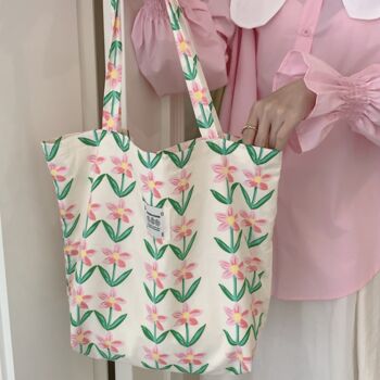 Pink Flower Thin Canvas Shoulder Shopping Travel Bag, 3 of 3