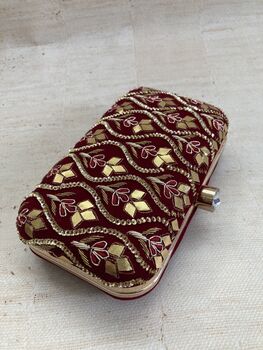 Deep Maroon Velvet Embroidered Handcrafted Clutch Bag, 5 of 8