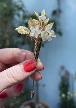 The Margot Buttonhole Mother Of Pearl Carved Shell Gold Silver Handmade Lapel Pin Bouttoniere, 5 of 8