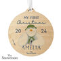 Personalised The Snowman My First Christmas Round Wooden Decoration, thumbnail 3 of 3