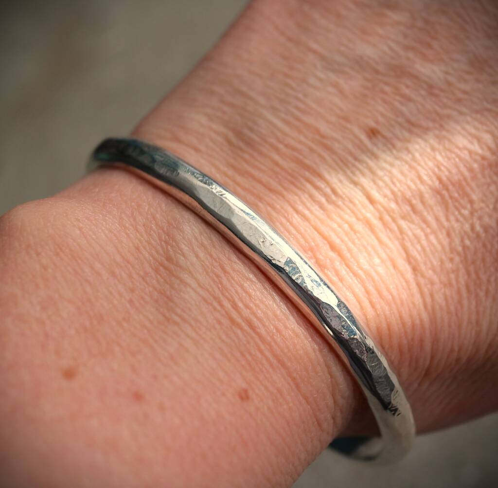 Personalised Heavy Hammered D Shaped Silver Bangle